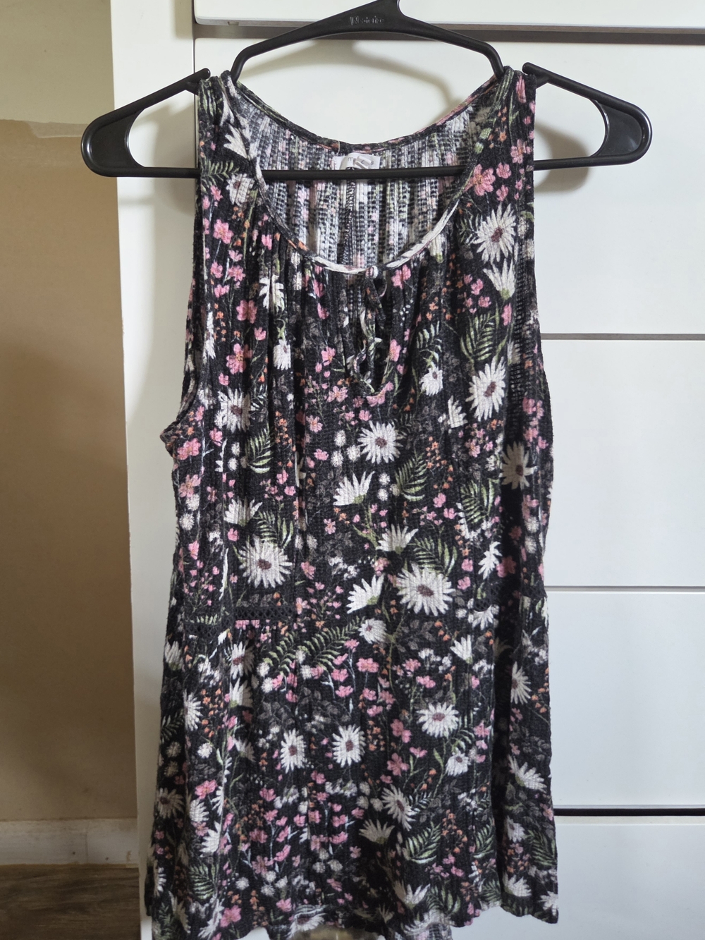 Maurices Black Floral Tank Top with White & Pink Flowers
